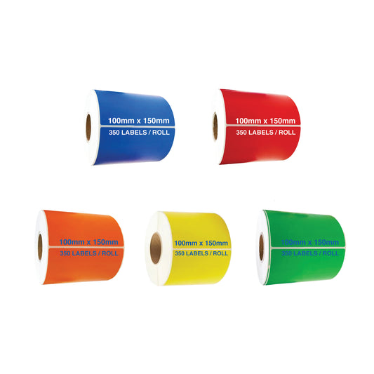 Roll of 350 Direct Thermal Labels (100mm x 150mm) with permanent adhesive, ideal for shipping, barcoding, or inventory use.