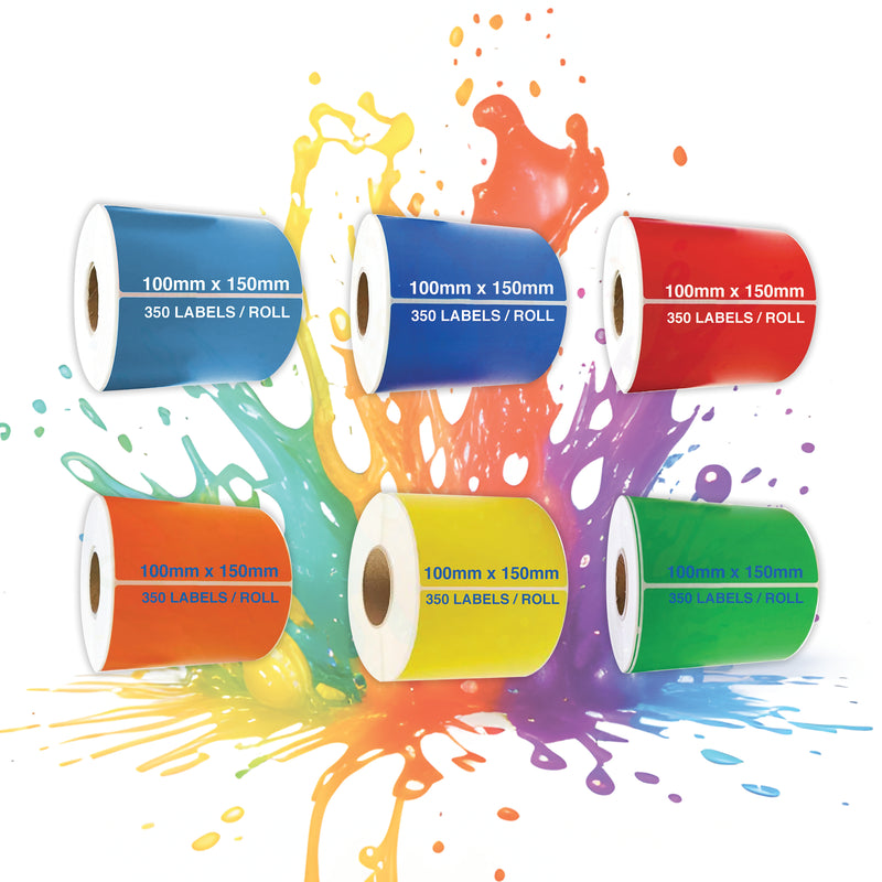 Add a Creative Splash of color with Direct Thermal vibrant Choice of 6 colors. Labels 100x150mm 350/Roll Permanent Adhesive From $10.71 Per Roll